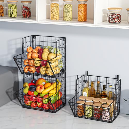 X-cosrack Metal Wire Basket Wall Mount, 3 Tier Wall Storage Organizer with 5 S Hooks, Kitchen Fruits and Vegetables Bin Toys Organizer Hanging Basket Black (S (10.83" L x 10.63" W x 30" H))