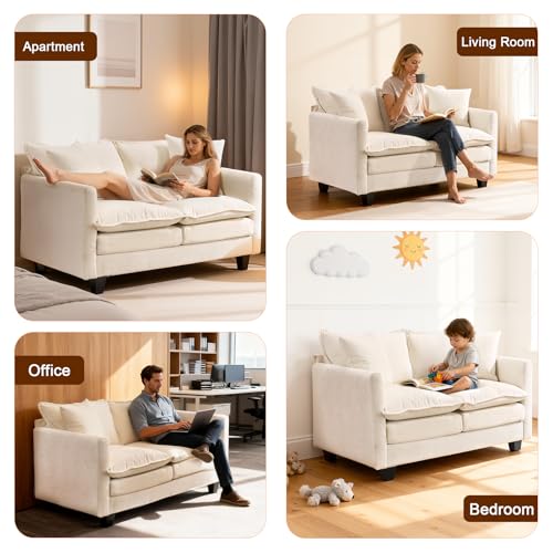 50'' Loveseat Sofa Cloud Sofa Couch, Modern Loveseats 2 Seat Couch 27" Deep Seat with 2 Pillows for Small Spaces Apartment Studio Office Bedroom Living Room, Beige - color: Beige, size: 50"