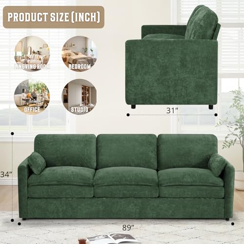 89" Chenille 3 Seats Sofa with 2 Pillows, Green | Modern Upholstered Sofa with Deeper Seats, Comfy Sofa with Thickened Cushions for Living Room, Apartment - color: Green, size: Sofa