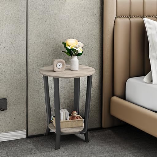 VASAGLE Round Side End Table, 2-Tier Accent Nightstand with Storage Shelf | Easy Assembly, Bedside Table Small Spaces, Living Room, Bedroom, Heather Greige and Ink Black, BARNET Collection ULET057B02 - color: Heather Greige + Ink Black, size: 19.7"Dia. x