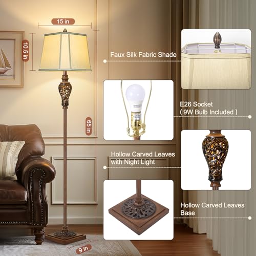 Vintage Floor Lamp with Nightlight, Beige Faux Silk Shade, Farmhouse Style | Rustic Standing Lamp, Bronze Tall Light, Decor for Living Room Bedroom Study Home Office Corner, Rotary Switch, Bulb Included - color: Faux Wood Grain + Brown