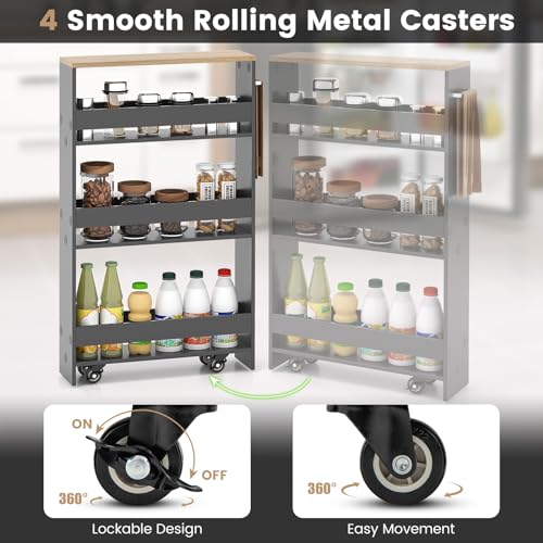 MAT EXPERT Slim Rolling Storage Cart, 4-Tier Freestanding Slim Storage Cart with Wheels 360 Degree & Metal Handle, Wooden Utility Cart for Narrow Kitchen, Laundry Room, Bathroom (Grey + Natural) - color: Grey + Natural