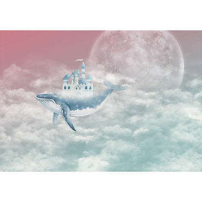 ASJ Kids Nursery Peel and Stick Wallpaper Mural, Whale Castle Moonlight | Seamless edge-to-edge match. Full moon cloud fairy tale artwork, 139x94 in, premium fabric, kids bedroom playroom. - color: Moonlight Silver, size: 139" x 94"