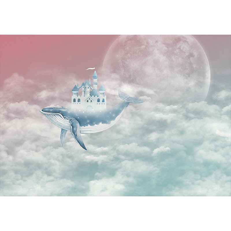 ASJ Kids Nursery Peel and Stick Wallpaper Mural, Whale Castle Moonlight | Seamless edge-to-edge match. Full moon cloud fairy tale artwork, 177x102 in, premium fabric, kids bedroom playroom. - color: Moonlight Silver, size: 177" x 102"