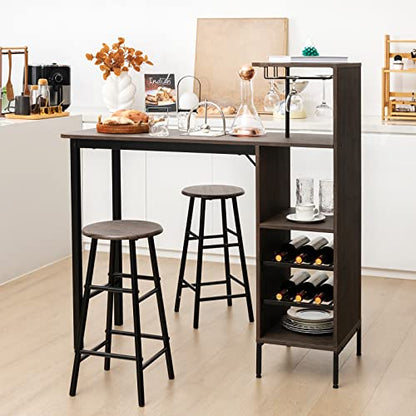 GOFLAME Bar Table Set for 2, Counter Height Dining Table Set with Shelves, Cup Holder & Wine Rack, Breakfast Table & Stools Set, 3-Piece Pub Table Set for Kitchen, Dining Room, Brown - color: Brown