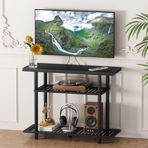 Bamboo TV Stand, Small TV Stands for up to 32 Inch, 3-Tier Entertainment Center TV Shelf with Storage, Sturdy Corner TV Stand for Bedroom, Black, 31.5 x 24.2 x 11.8 inches - color: Black