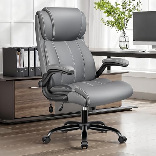 BESTFAIR High Back Office Chair, Adjustable Lumbar Support, Rocking, Gray | Inflatable Lumbar Eases Lower Back Fatigue, Padded Flip-Up Armrests, 21" Wide Seat, Scratch-Resistant PU Leather, 2 Pack - color: Grey, size: 2 Pack