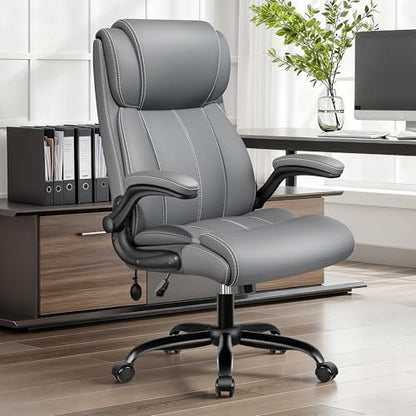 BESTFAIR High Back Office Chair, Adjustable Lumbar Support, Rocking, Gray | Inflatable Lumbar Eases Lower Back Fatigue, Padded Flip-Up Armrests, 21" Wide Seat, Scratch-Resistant PU Leather, 2 Pack - color: Grey, size: 2 Pack