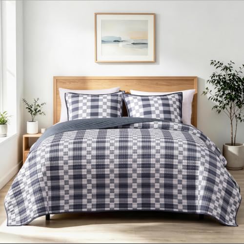 Queen Quilt-Lightweight Bedspread Plaid Quilt Queen Size Quilt Bedding Set | Navy Reversible Neutral Coverlet with 2 Shams for All Seasons, Suitable for Bed, Couch, 3 Pieces, 90"x94" - color: Blue Grey Plaid, size: Queen