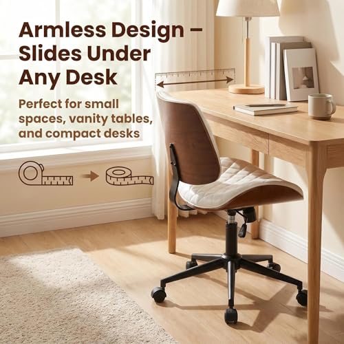 Furnimart Wooden Armless Desk Chair with Wheels, 360° Swivel Faux Leather Vanity Chair for Bedroom, Small Office Computer Task Chair for Home & Compact Spaces (PU White) - color: Pu-white