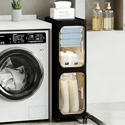 UFORU Tall Narrow Storage Cabinet,Slim Organizer with Magnetic Doors&Wheels | 2 Tiers, Smooth-Rolling Wheels, Durable Waterproof Plastic, Adjustable Shelves, Space-Saving Design for Small Spaces - color: Black, size: 2 tier