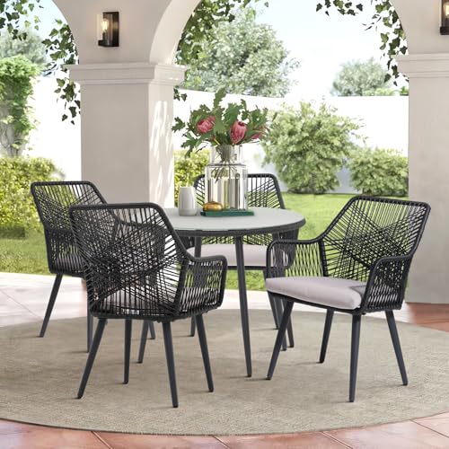 Patio Dining Chairs Set of 4, Woven Patio Chairs with Armrest, Black | All-Weather Woven Rope Rattan & Iron Frame, w/Seat Cushions,350lb Weight Capacity, for Backyard, Deck, Indoor Dining Kitchen - color: Black & Cross Back, size: 4 Pcs-Dining Chairs