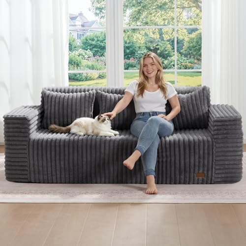ZurNesfure Sofa Couch 3-Seater Boneless Sofa with Pillow Darkgrey,3-Seater | No Assembly Need, Modern Couch with deep seat and Washable Cover Cloud Sofa for Living Room Bedroom Apartment - color: Stripe Darkgrey, size: 3-seater