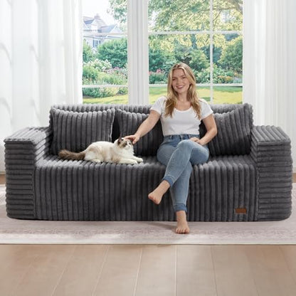 ZurNesfure Sofa Couch 3-Seater Boneless Sofa with Pillow Darkgrey,3-Seater | No Assembly Need, Modern Couch with deep seat and Washable Cover Cloud Sofa for Living Room Bedroom Apartment - color: Stripe Darkgrey, size: 3-seater