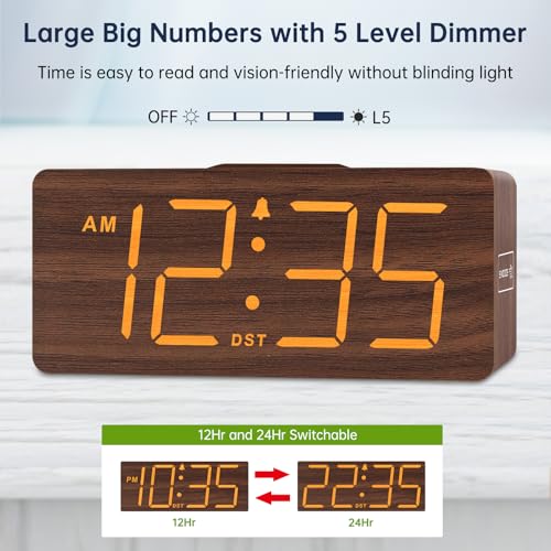DreamSky Wooden Digital Alarm Clock with Wireless Charging for Bedroom | Bedside Nightstand Clock with Charger Station, USB Port, Large Numbers, Adjustable Volume, Brightness Dimmer, DST - color: Brown