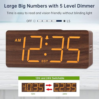 DreamSky Wooden Digital Alarm Clock with Wireless Charging for Bedroom | Bedside Nightstand Clock with Charger Station, USB Port, Large Numbers, Adjustable Volume, Brightness Dimmer, DST - color: Brown
