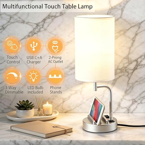 Dreamholder Touch Control USB Table Lamp with USB C/A & AC Outlet, 3-Way Dimmable Bedside Lamp, Modern Nightstand Lamps for Bedroom Living Room Guest Room Office, Bulb Included, Silver - color: Silver