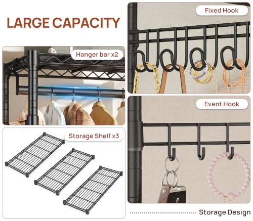 Duty Rolling Rack, 3-Tier Adjustable Clothes Rack with Double Rods, Black | Heavy Duty Rolling Rack, Double Rods, Adjustable Shelves, Side Hooks, Lockable Wheels, Carbon Steel, Rustproof, Easy Assembly - color: BLACK, size: 23.6IN