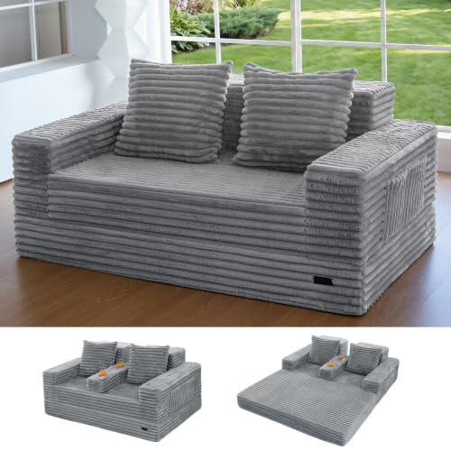 MAXYOYO Sofa Bed, 64-Inch Boneless Loveseat with 2 Cup Holders | Striped Grey 4-in-1 Sofa Converts Into a Floor Couch or Recliner Chair; Sofa-in-a-Box Needs No Assembly for Living Rooms - color: Striped Grey, size: Standard(64" Length)