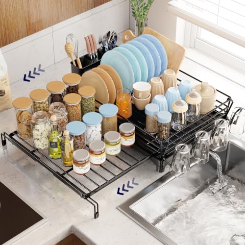 Simple Trending Dish Drying Rack - Expandable Dish Rack for Kitchen Counter, Large Capacity Dish Drainer, Stainless Steel Dish Strainer with Utensil & Cup Holders, Black - size: 21.71"D x 17"W x 6"H