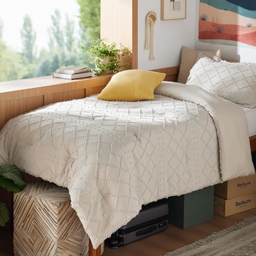 Bedsure Twin Comforter Set - Beige Comforter, Boho Tufted Distressed Vintage Bedding for Kids, 2 Pieces Farmhouse-Style Bed Set for All Seasons, Fluffy Soft Bedding with 1 Pillow Sham - color: 06 - Beige, size: Twin