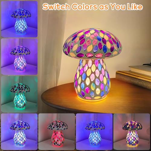 Table Mushroom Lamp for Room Decor: Rechargeable Cordless Glass Bedside Table Lights - 5 Colors 2 Lighting Modes Touch Control - Cute Nightstand Purple Lamp for Ambient, Kids, Bedroom, Living Room - color: Purple