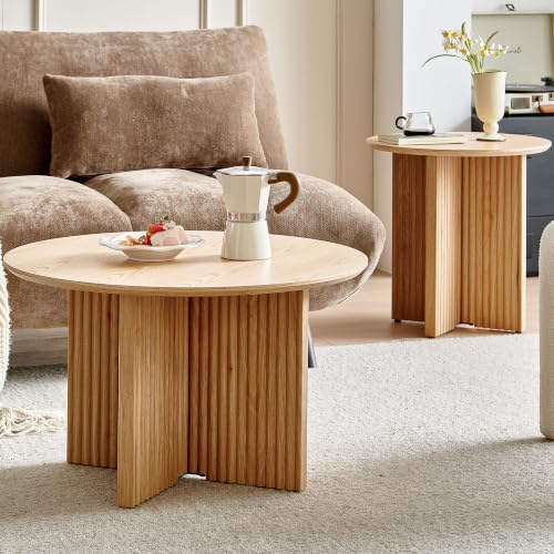 Fluted Round Nesting Coffee Table Set of 2, Mid Century Modern Wood Coffee Tables and End Table Set, Circle Side Table Minimalist Center Tables for Living Room, Office, Oak - color: Oak, size: Set of 2-Cross-leg Table