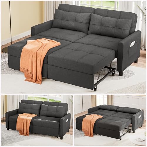 Aiho 54" Sleeper Sofa Bed, Pull-Out Couch, Dark Gray | Pull-out Sofa Bed with Adjustable Backrest and Side Pocket, Ideal for Apartments, Guest Rooms and Living Rooms - size: 2 Seater