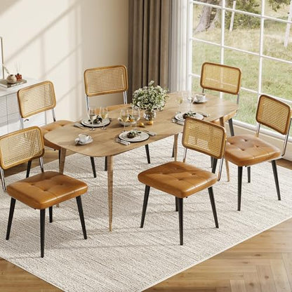 Garvee Rattan Dining Chairs Set of 6, Upholstered Dining Room Chairs with Rattan Backrest, Armless Side Chairs for Kitchen Living Room, Restaurant, PU Leather, Brown | Upholstered Kitchen Chairs with Rattan Backrest, Armless Side Chairs for Kitchen, Livin