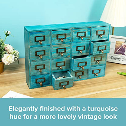 Teal 16-Slot Wooden Drawer Unit - Country Style Desk Organizer Box - 20"x3.6”x14” Wooden Storage Box w/ 16 Drawers - Countertop Drawers w/Label Holder & Handle - Slim 4-Level Desk Organizer - color: 16 Drawer Turquoise Teal