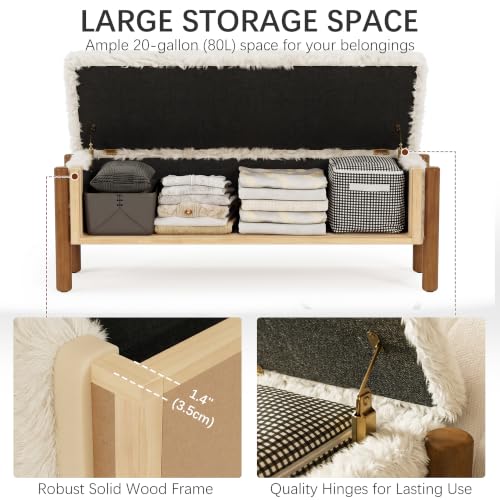 Modern Storage Benches with Walnut Wood Legs, 47'' Ottoman Bench with 20 Gallons Storage Space for Bedroom End of Bed, Faux Fur Fabric Upholstered Entryway Bench, Beige - color: Faux Fur-beige