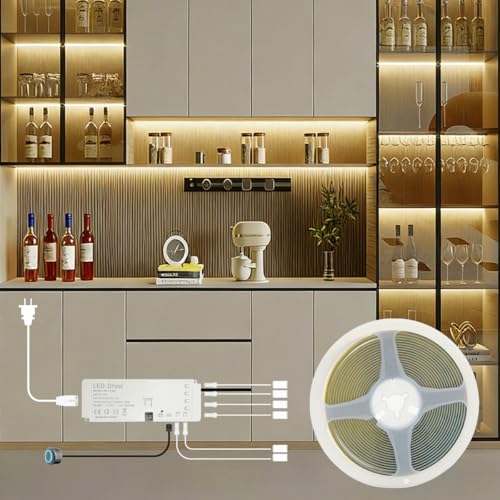 HAMRVL Shelf Lights 12V COB LED Strip Lights, 16.4ft 3000k Plug-in DIY Cut to Size Warm White LED Strip Lights, Dimmable Under Shelf Lighting for Book Shelf, Display Case, Wardrobes, Cabinets, Pantry - color: Warm White 3000k, size: 1 to 6/16.4ft