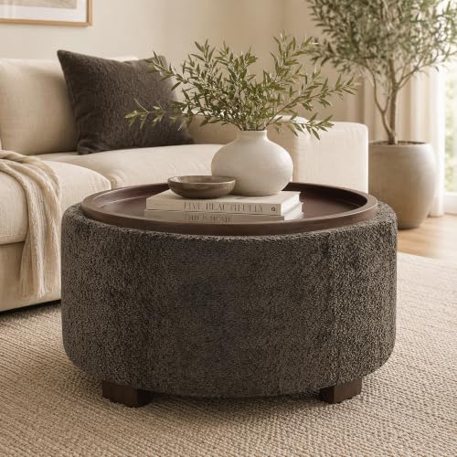 Zihanhome 30" Round Chenille Storage Ottoman Coffee Table with Removable Tray Top, Large Hidden Storage Ottoman, Solid Wood Legs for Living Room, Bedroom, Apartment (Dark Brown) - color: Dark Brown