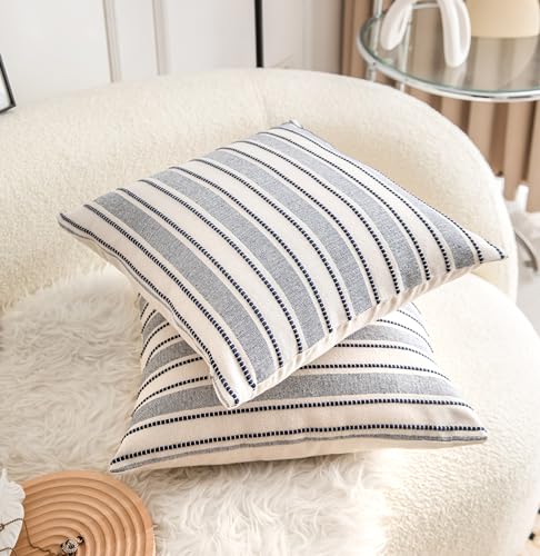 Cethom Decorative Boho Throw Pillow Covers, Farmhouse Textured Pillow Case, 22 x 22 Inch Set of 2, Chair Sofa Bedroom Living Room Decor Couch Cushion Case, Navy Blue and Beige Striped - color: Navy Blue, size: 22" x 22" (Pack of 2)