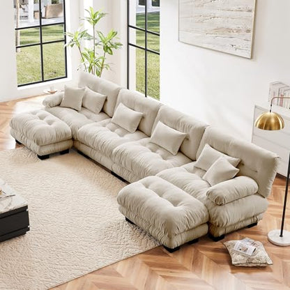 Modular Sectional Sofa for Living Room,173" U-Shaped Comfy Couch with Ottoman, Oversized 4 Seater Beige Sectional Couches with Pillows, Fluffy Couch Set with Deep Seat - color: Chenille Beige, size: 4-Seat & 2-Ottoman