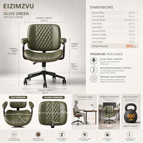 Home Office Desk Chair with Wheels, Armless Adjustable Height PU Leather Office Chair, Mid Back Ergonomic Computer Chair, Walnut Curved Seat Design No-Arm Chair (GX-9006-Armrests-Green) - color: Gx-9006-armrests-green