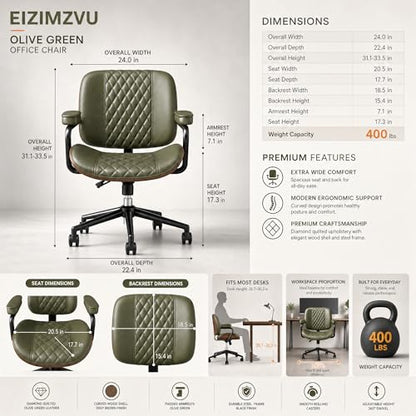 Home Office Desk Chair with Wheels, Armless Adjustable Height PU Leather Office Chair, Mid Back Ergonomic Computer Chair, Walnut Curved Seat Design No-Arm Chair (GX-9006-Armrests-Green) - color: Gx-9006-armrests-green