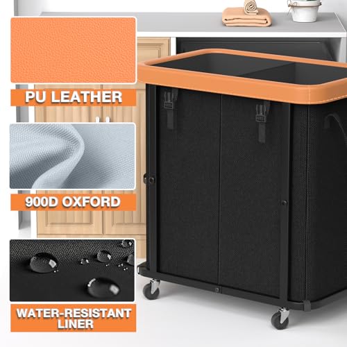 Laundry Basket with Wheels,190L Leather Patchwork Laundry Hamper 2 Setion | Sturdy Metal Frame, Removable Washable Bag, Tall Clothes Sorter for Bedroom - Black - color: Black, size: 2 Section-190L