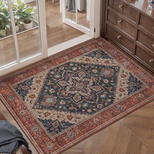 Tangsoo Vintage 2x3 Washable Rugs for Entryway, Non Slip Small Area Rug | Oriental Indoor Front Door Rug Mat, Soft Low Pile Small Carpet Throw Rugs for Entry Entrance Kitchen Bedroom Dark Blue/Orange - color: Rust/Dark Blue, size: 2' X 3' (Rectangular)