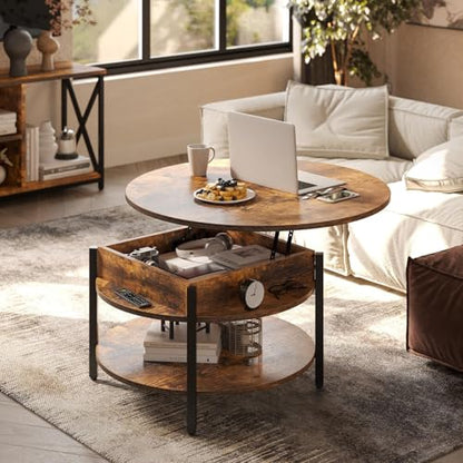 FABATO 26.77” Round Lift Top Coffee Table with Storage, Rustic Brown | Farmhouse Coffee Table, 2 Tier Small Round Center Table, Center Table for Living Room, Circle Dining Table - color: Rustic Brown