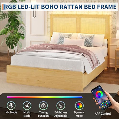 Garvee Full Rattan Bed 4 Drawers Bohemian Headboard for Bedroom | Bohemian full rattan bed with natural headboard, 4 drawers, LED lights,No box spring needed for bedroom use. - size: Full(4 Drawers)