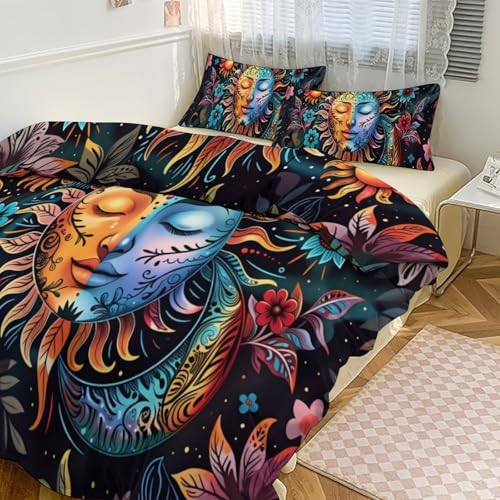 Boho Sun and Moon 3 Piece Reversible Bedding Set 86"x70",Double Sided Brushed Microfiber Duvet Cover Set with 2 Pillowcases Soft Breathable Comforter Cover for Home - color: Boho Sun and Moon, size: 86"x70"
