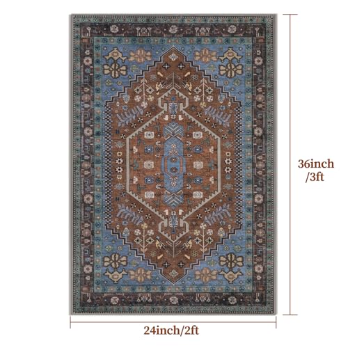 Ciicool 2x3ft Small Area Rug,Washable Boho Thin Mat for Entryway Kitchen | Oriental Non-Slip Low-Pile Indoor Carpet Soft Entry Rugs for Entrance Bedroom Kitchen Bathroom Foyer Decor - color: Brown/Blue, size: 2' X 3' (Rectangular)