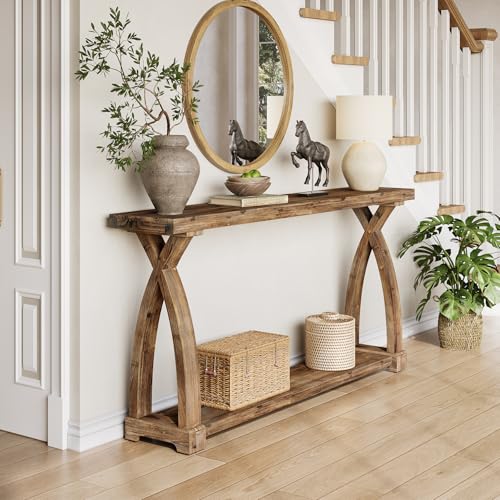 Solid Wood Console Table for Entryway, 63-Inch Narrow Farmhouse Couch Table Behind Sofa with 2-Tier Storage for Entrance, Foyer, Living Room, Long, Rustic Brown - color: Brown