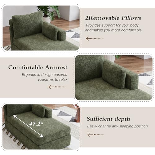 Chifee & Vingol 31.89" Chaise Lounge with Right Armrest Upholstered Modern Lounge Couch Sleeper Sofa with Cushions & Pillows for Living Room Bedroom Reading Nook,Green - color: Green, size: Single Chaise-Right Armrest