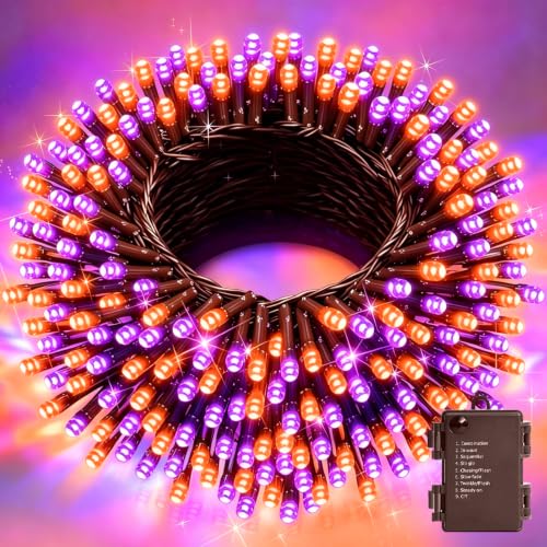 Orange and Purple Battery Operated Halloween Lights, 34.1FT 100 LED Waterproof String Christmas Tree Lights with 8 Modes, Xmas Decorations for Indoor Outdoor Yard Wedding Home Decor - color: Orange and Purple, size: 100 LED