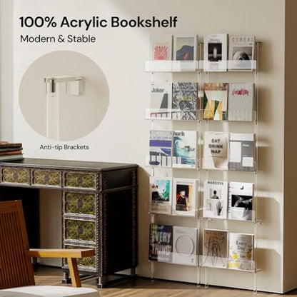 5-Tier Narrow Acrylic Bookshelf, 3.9" D x 15.8" W, Space-Saving Slim Storage Book Shelf for Living Room, Bedroom, Office, Clear Bookcase, Modern, Easy Assembly