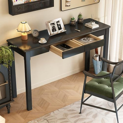 100% Solid Wooden Desk with Drawers - 47 x 16 Inch Modern Narrow Desks, Rubber Wood Study Table, Small Writing Desk for Small Spaces|Bedroom - Black Desks - color: Black, size: 47.2 in W x 15.7 in D