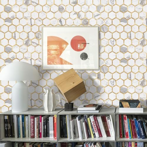 STICKGOO Hexagon Peel and Stick Backsplash Tile, Stick on Backsplash for Kitchen and Bathroom, Glossy Carrara White PVC Mixed Metal Gold Self Adhesive Wall Tiles(10 Sheets, Seamless) - color: Carrara White with Metal Gold