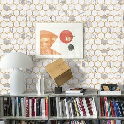 STICKGOO Hexagon Peel and Stick Backsplash Tile, Stick on Backsplash for Kitchen and Bathroom, Glossy Carrara White PVC Mixed Metal Gold Self Adhesive Wall Tiles(10 Sheets, Seamless) - color: Carrara White with Metal Gold